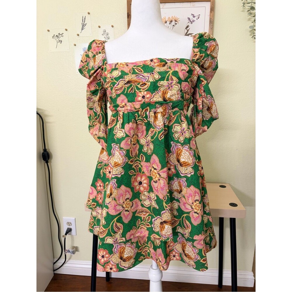 MISA Los Angeles Floral Puff Sleeve Open Back Bow Mini Dress Green Pink Size L - Picture 6 of 12
